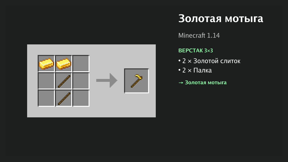 Рецепт: золотая мотыга в Minecraft — 2 × золотой слиток, 2 × палка (верстак 3×3)
