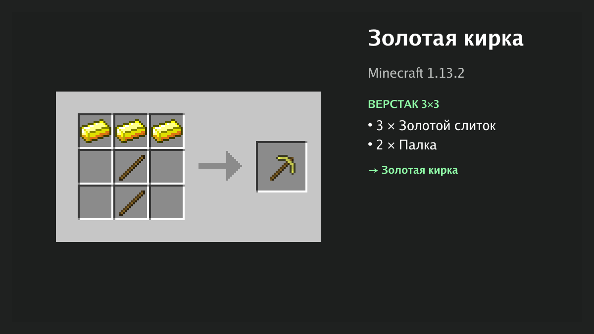 Рецепт: золотая кирка в Minecraft — 3 × золотой слиток, 2 × палка (верстак 3×3)