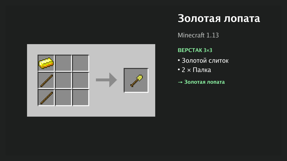 Рецепт: золотая лопата в Minecraft — золотой слиток, 2 × палка (верстак 3×3)