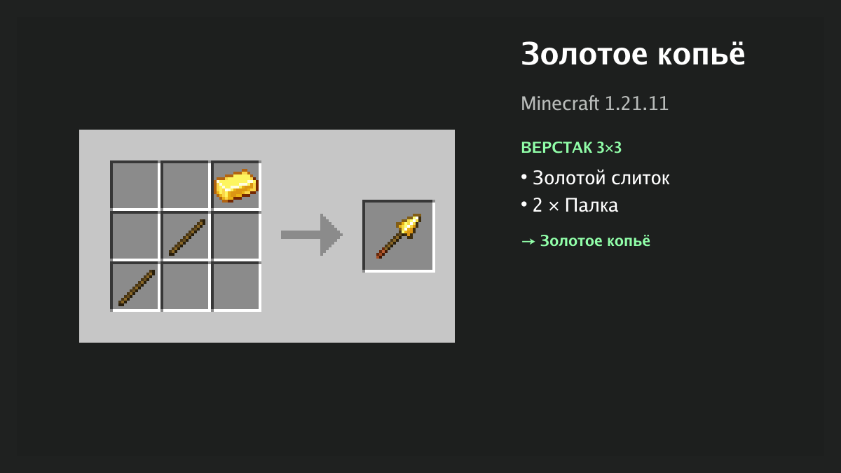 Рецепт: золотое копьё в Minecraft — золотой слиток, 2 × палка (верстак 3×3)