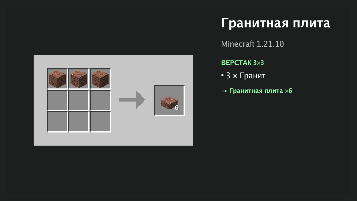 Рецепт: гранитная плита в Minecraft — 3 × гранит (верстак 3×3)