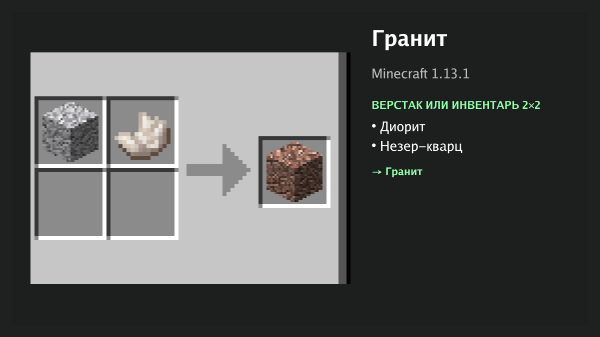 Рецепт: гранит в Minecraft — диорит, незер-кварц (верстак или инвентарь 2×2)