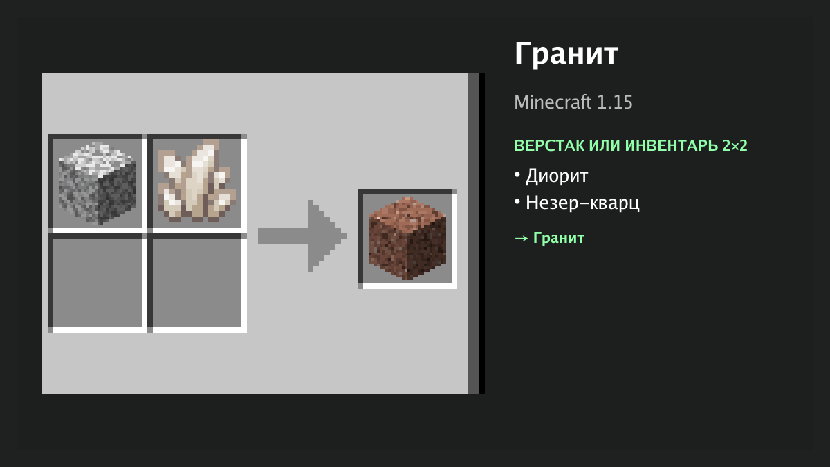 Рецепт: гранит в Minecraft — диорит, незер-кварц (верстак или инвентарь 2×2)