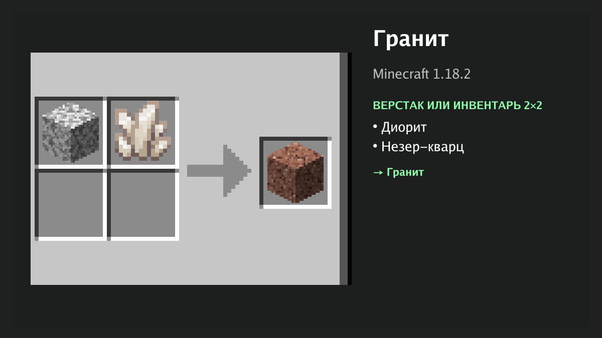 Рецепт: гранит в Minecraft — диорит, незер-кварц (верстак или инвентарь 2×2)