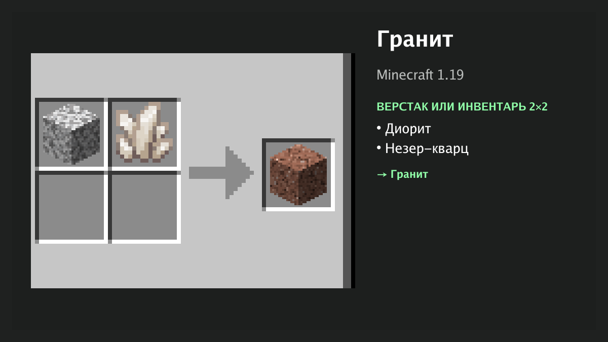 Рецепт: гранит в Minecraft — диорит, незер-кварц (верстак или инвентарь 2×2)