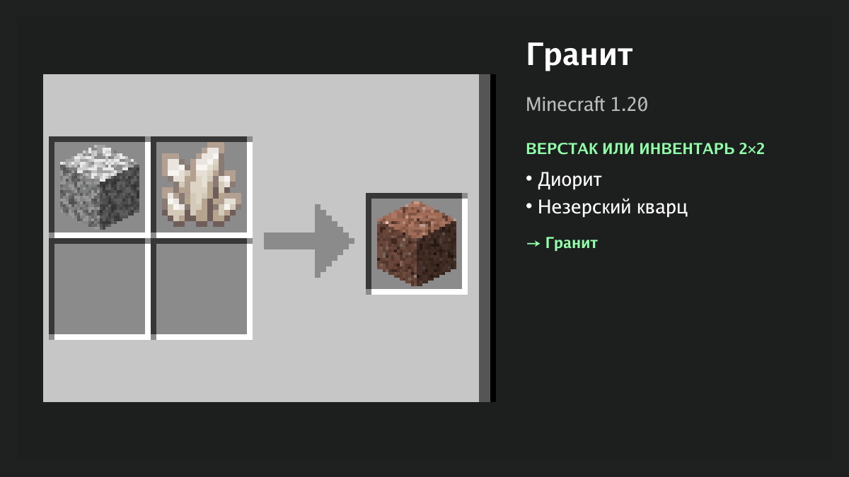 Рецепт: гранит в Minecraft — диорит, незерский кварц (верстак или инвентарь 2×2)