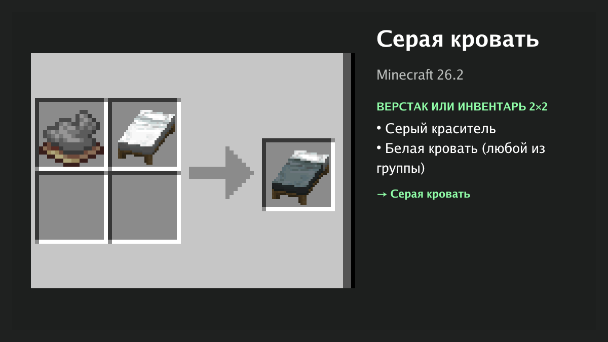 Рецепт: серая кровать в Minecraft — серый краситель, белая кровать (верстак или инвентарь 2×2)