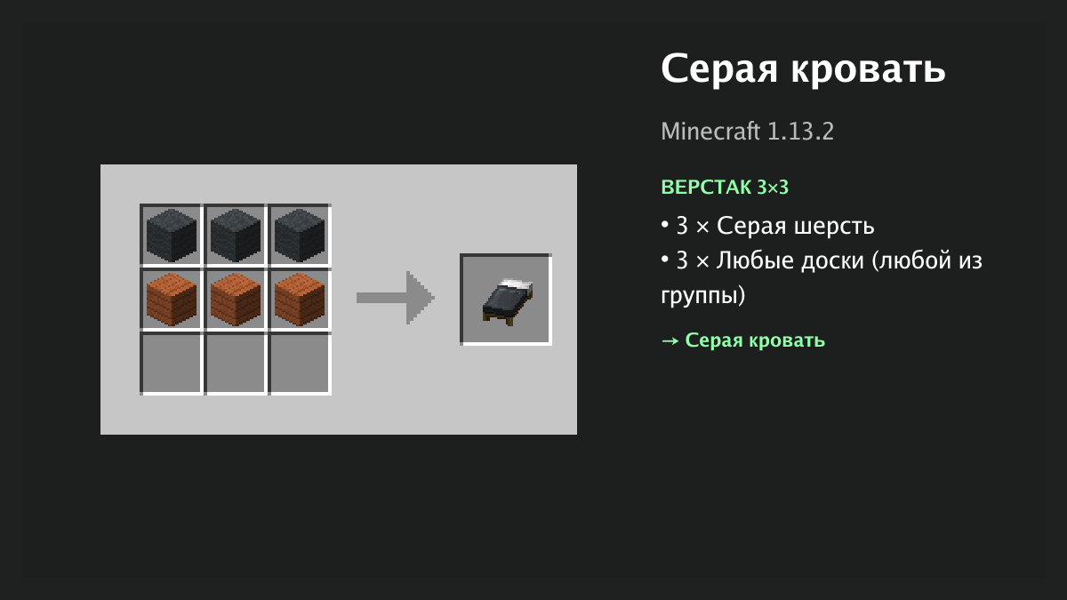 Рецепт: серая кровать в Minecraft — 3 × серая шерсть, 3 × любые доски (верстак 3×3)