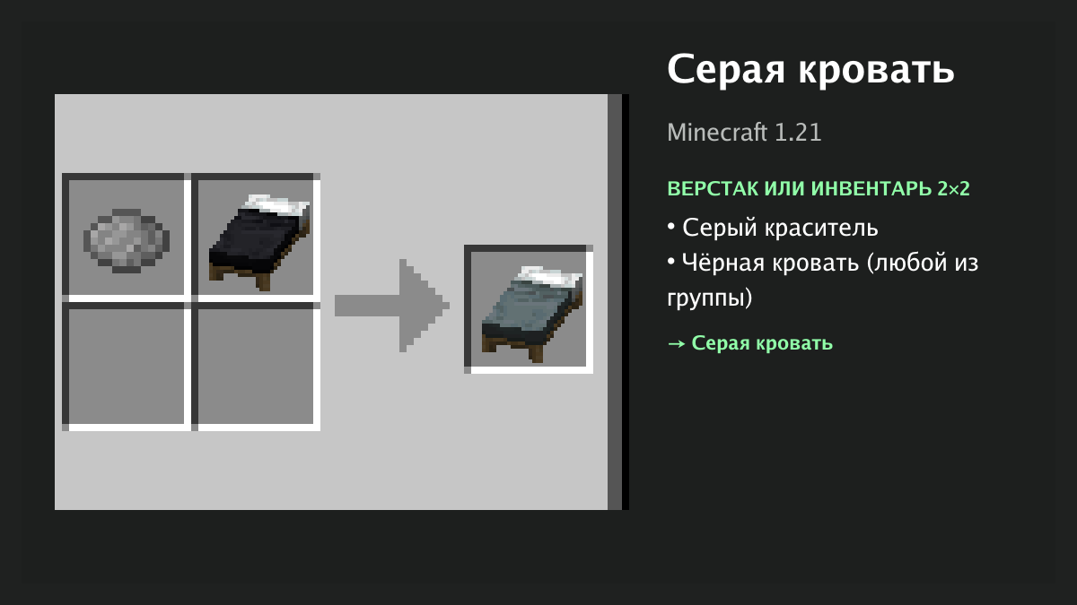 Рецепт: серая кровать в Minecraft — серый краситель, чёрная кровать (верстак или инвентарь 2×2)