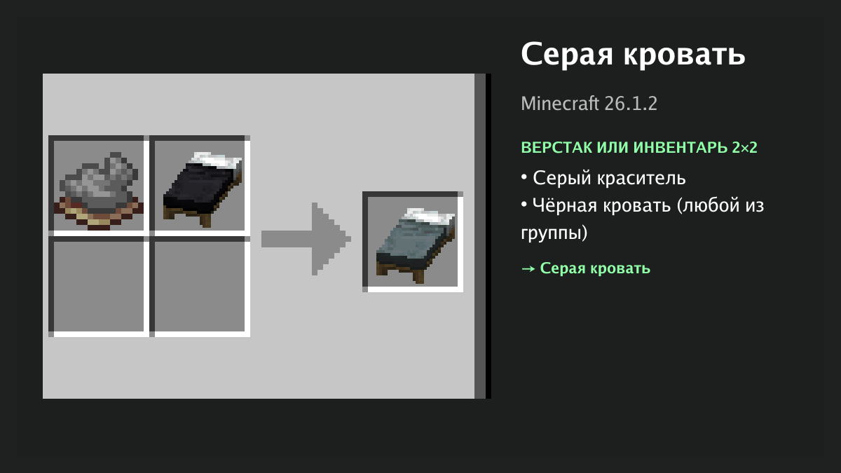 Рецепт: серая кровать в Minecraft — серый краситель, чёрная кровать (верстак или инвентарь 2×2)