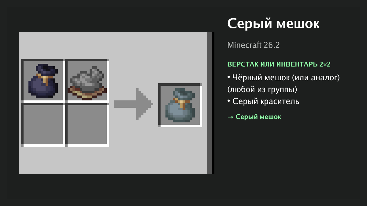 Рецепт: серый мешок в Minecraft — чёрный мешок (или аналог), серый краситель (верстак или инвентарь 2×2)