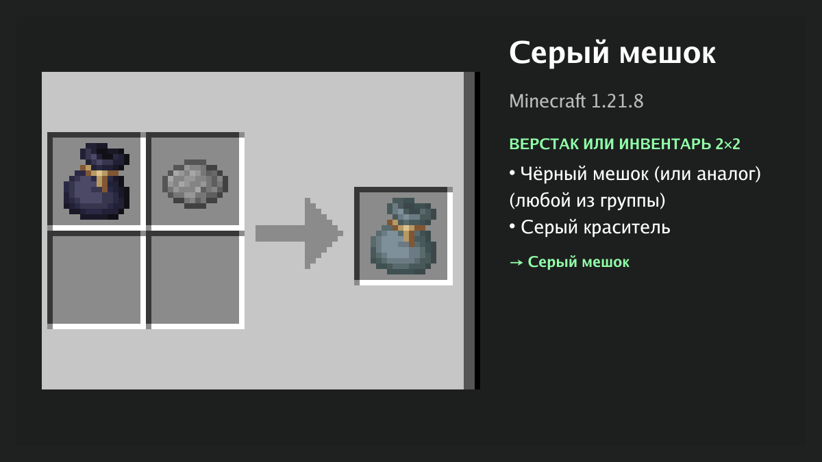 Рецепт: серый мешок в Minecraft — чёрный мешок (или аналог), серый краситель (верстак или инвентарь 2×2)