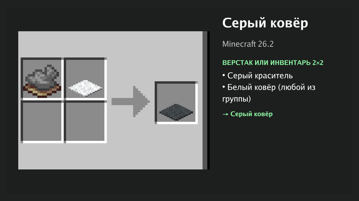 Рецепт: серый ковёр в Minecraft — серый краситель, белый ковёр (верстак или инвентарь 2×2)