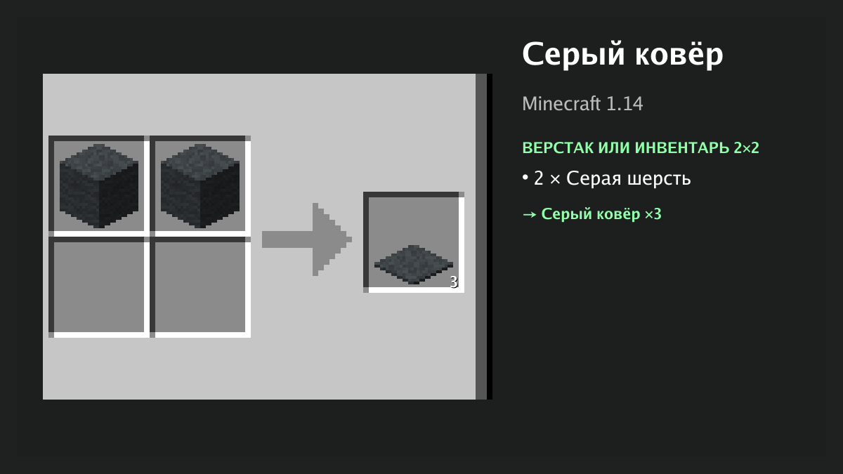 Рецепт: серый ковёр в Minecraft — 2 × серая шерсть (верстак или инвентарь 2×2)