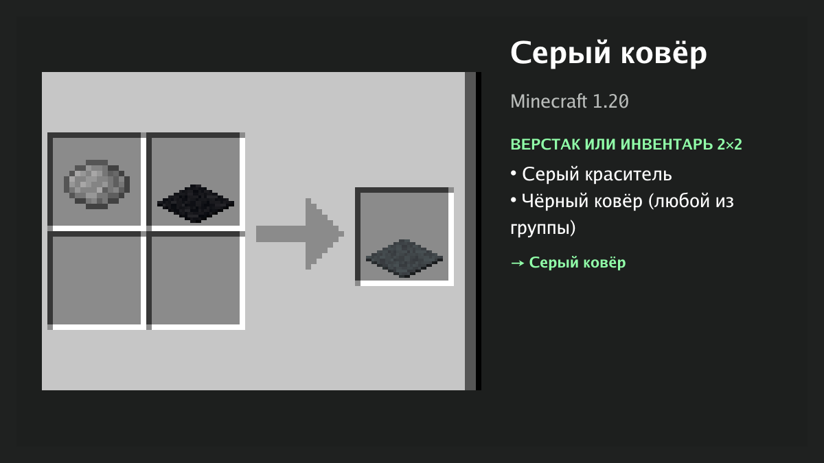 Рецепт: серый ковёр в Minecraft — серый краситель, чёрный ковёр (верстак или инвентарь 2×2)