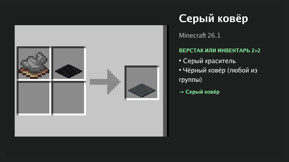 Рецепт: серый ковёр в Minecraft — серый краситель, чёрный ковёр (верстак или инвентарь 2×2)