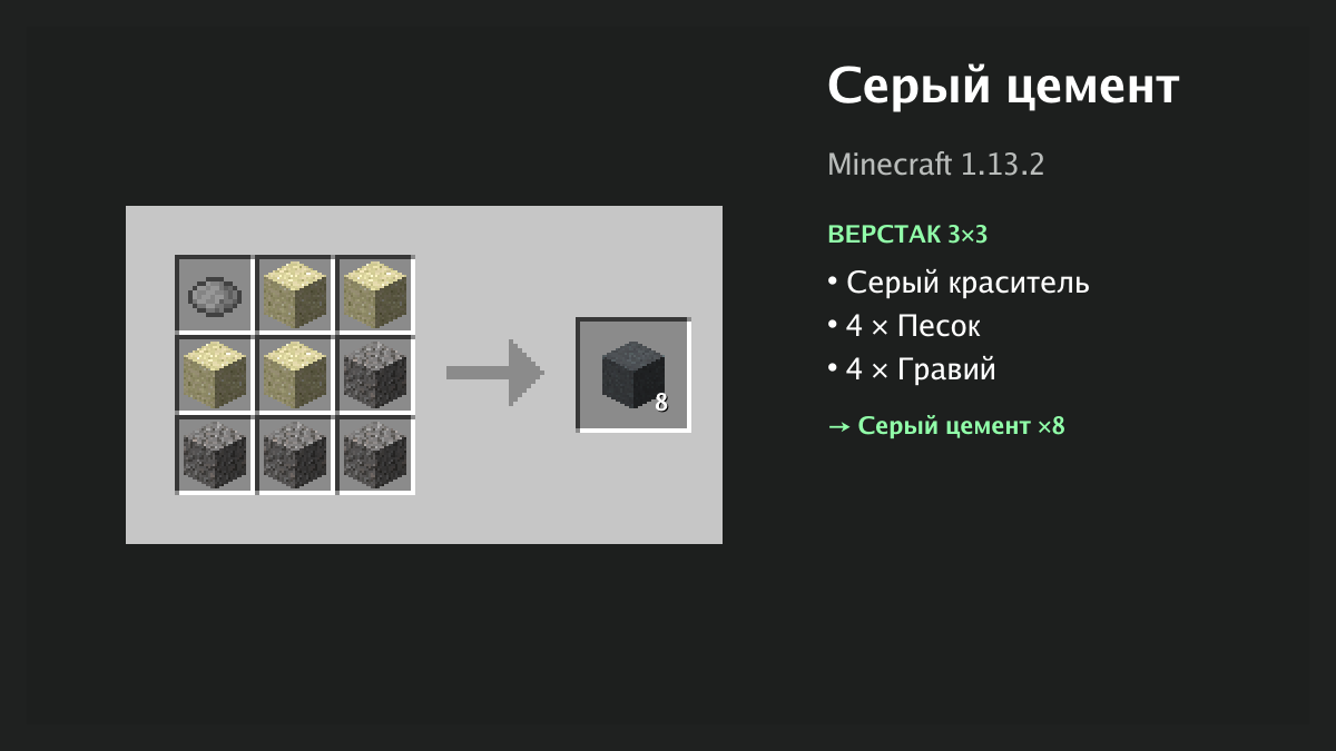 Рецепт: серый цемент в Minecraft — серый краситель, 4 × песок, 4 × гравий (верстак 3×3)