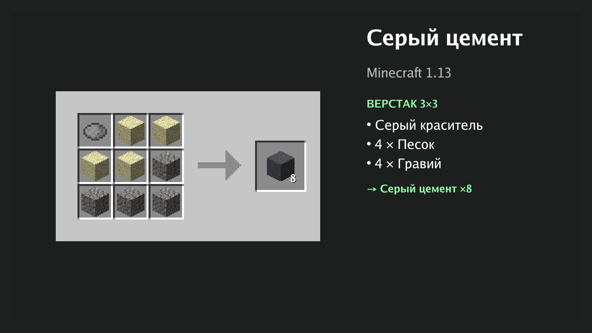 Рецепт: серый цемент в Minecraft — серый краситель, 4 × песок, 4 × гравий (верстак 3×3)