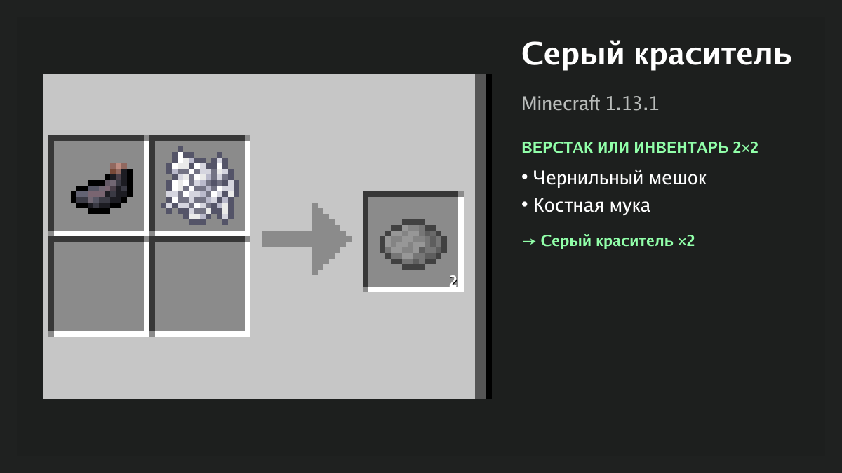 Рецепт: серый краситель в Minecraft — чернильный мешок, костная мука (верстак или инвентарь 2×2)
