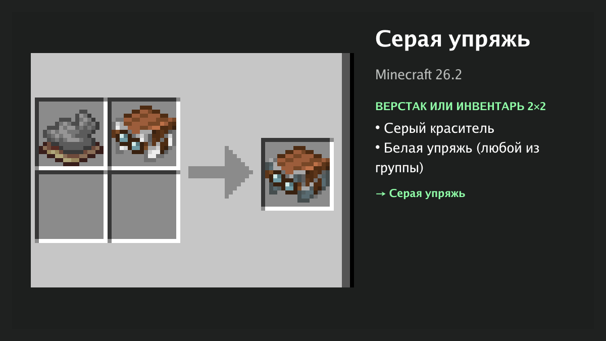 Рецепт: серая упряжь в Minecraft — серый краситель, белая упряжь (верстак или инвентарь 2×2)