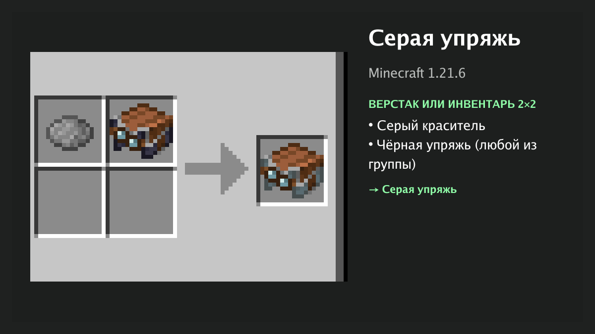 Рецепт: серая упряжь в Minecraft — серый краситель, чёрная упряжь (верстак или инвентарь 2×2)