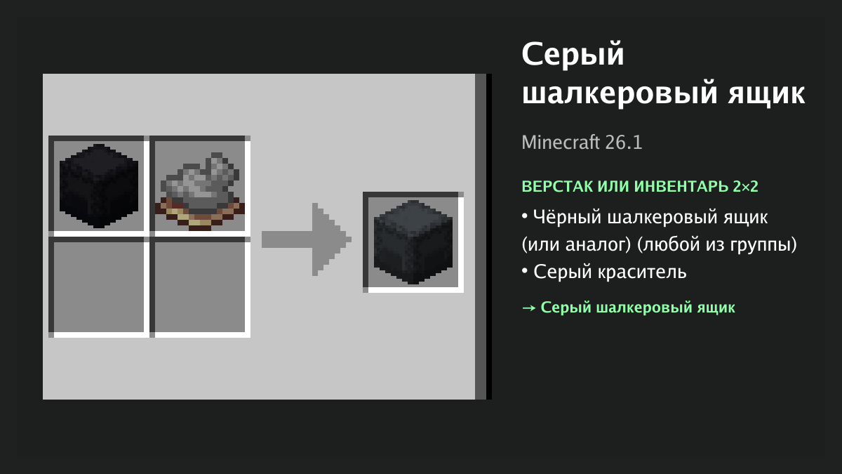 Рецепт: серый шалкеровый ящик в Minecraft — чёрный шалкеровый ящик (или аналог), серый краситель (верстак или инвентарь 2×2)