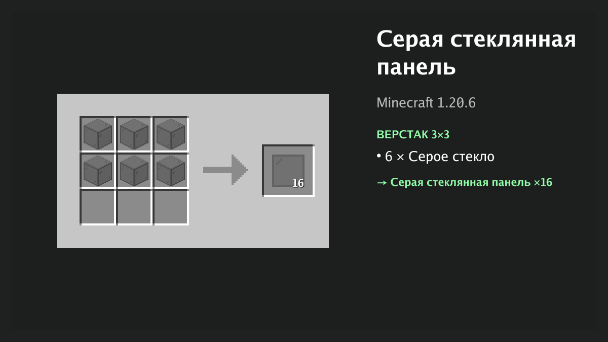 Рецепт: серая стеклянная панель в Minecraft — 6 × серое стекло (верстак 3×3)