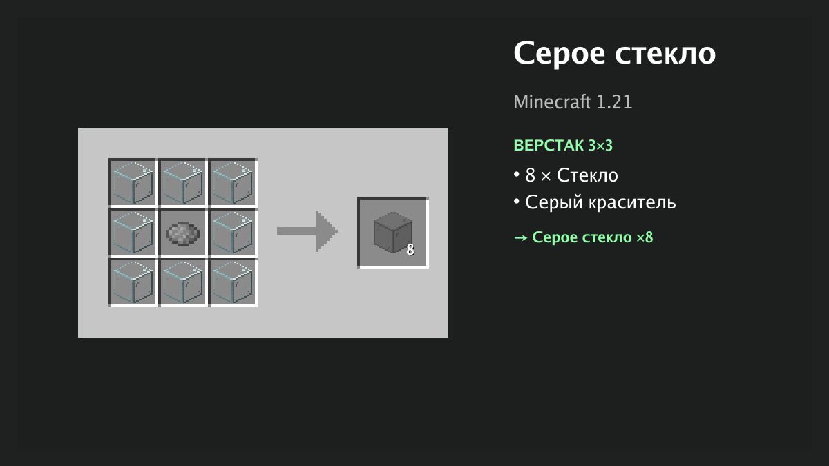 Рецепт: серое стекло в Minecraft — 8 × стекло, серый краситель (верстак 3×3)