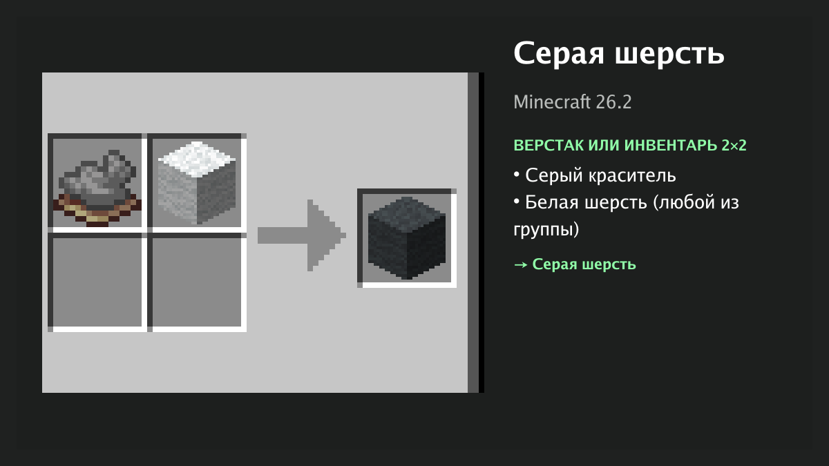 Рецепт: серая шерсть в Minecraft — серый краситель, белая шерсть (верстак или инвентарь 2×2)