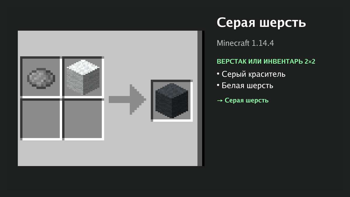 Рецепт: серая шерсть в Minecraft — серый краситель, белая шерсть (верстак или инвентарь 2×2)