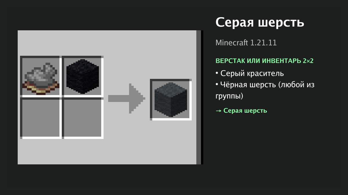 Рецепт: серая шерсть в Minecraft — серый краситель, чёрная шерсть (верстак или инвентарь 2×2)