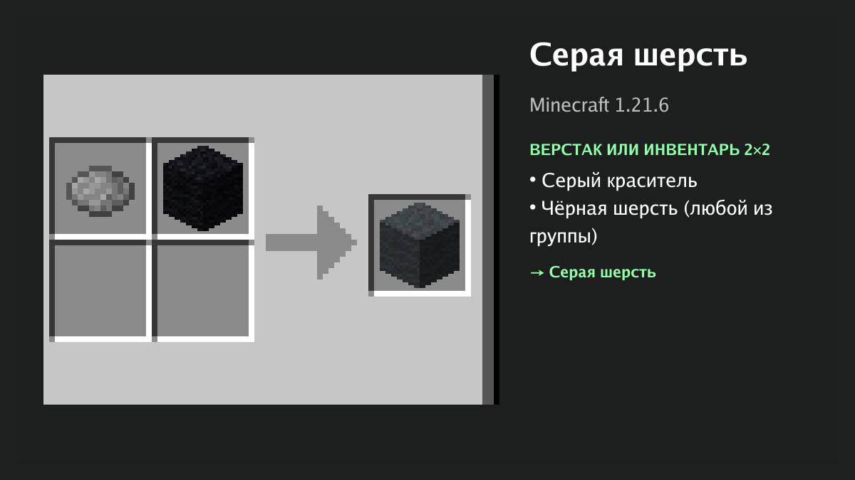 Рецепт: серая шерсть в Minecraft — серый краситель, чёрная шерсть (верстак или инвентарь 2×2)