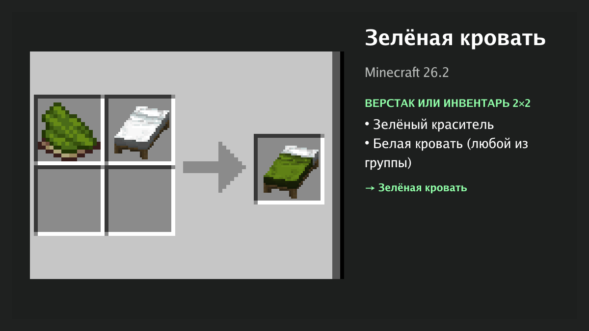 Рецепт: зелёная кровать в Minecraft — зелёный краситель, белая кровать (верстак или инвентарь 2×2)