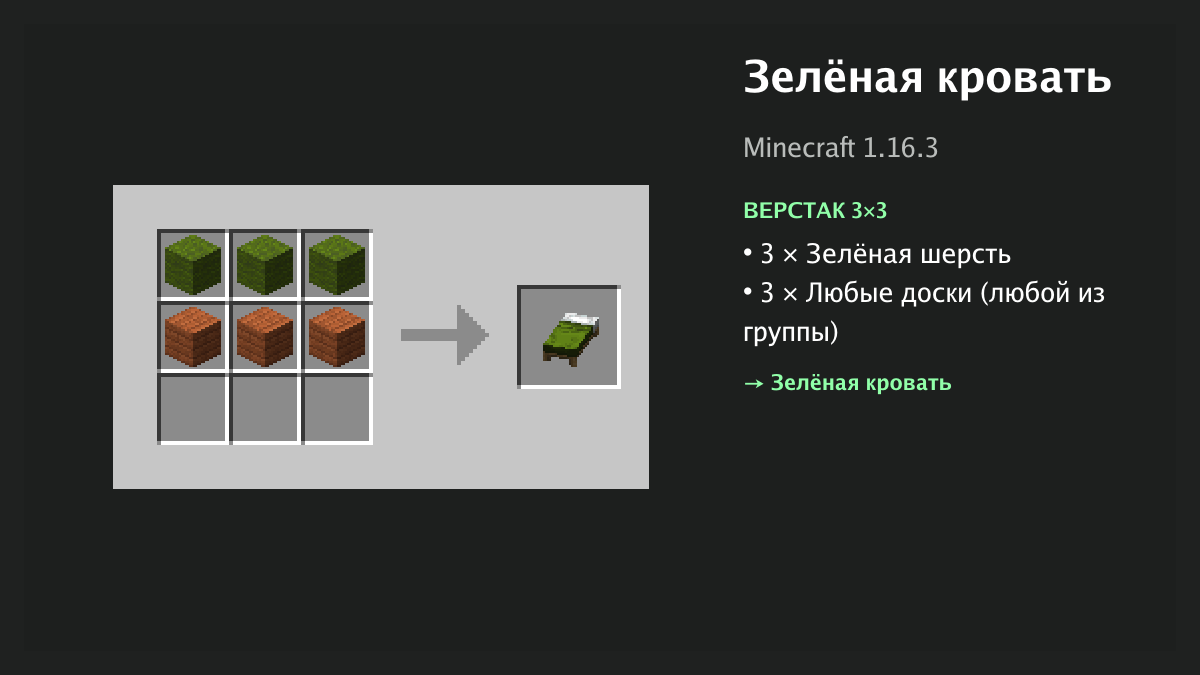 Рецепт: зелёная кровать в Minecraft — 3 × зелёная шерсть, 3 × любые доски (верстак 3×3)
