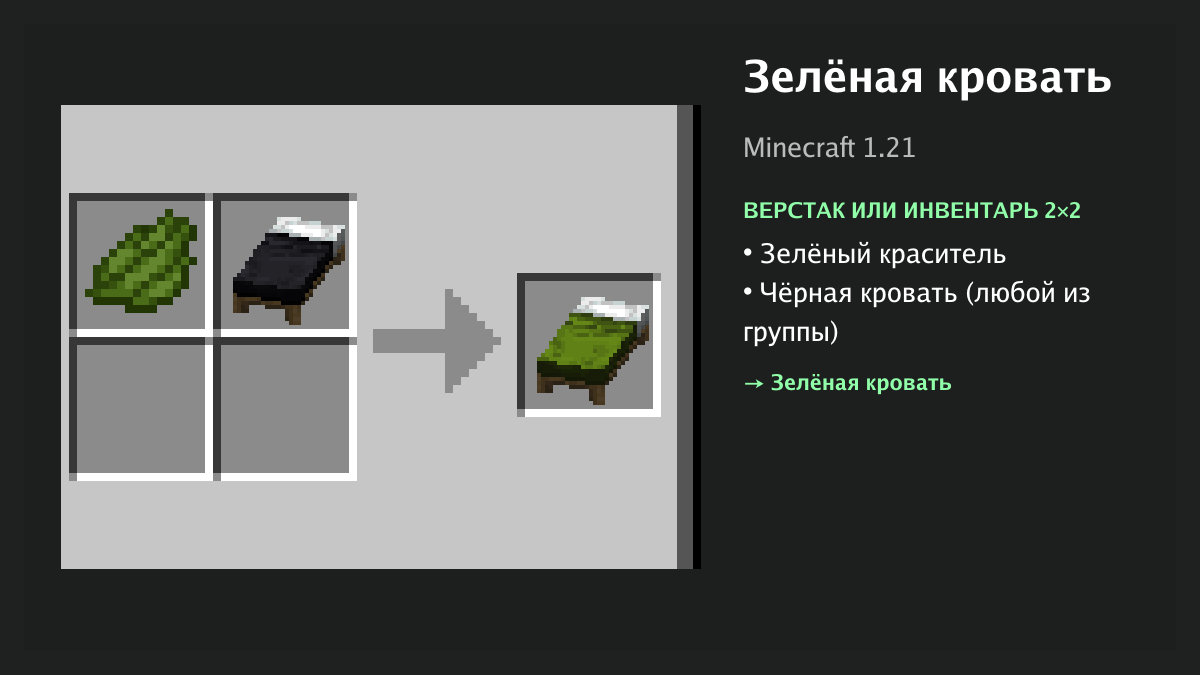 Рецепт: зелёная кровать в Minecraft — зелёный краситель, чёрная кровать (верстак или инвентарь 2×2)