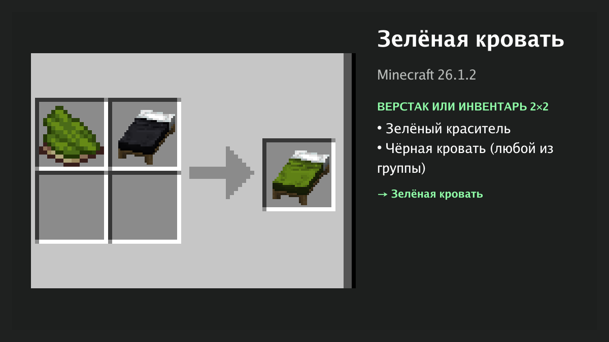 Рецепт: зелёная кровать в Minecraft — зелёный краситель, чёрная кровать (верстак или инвентарь 2×2)