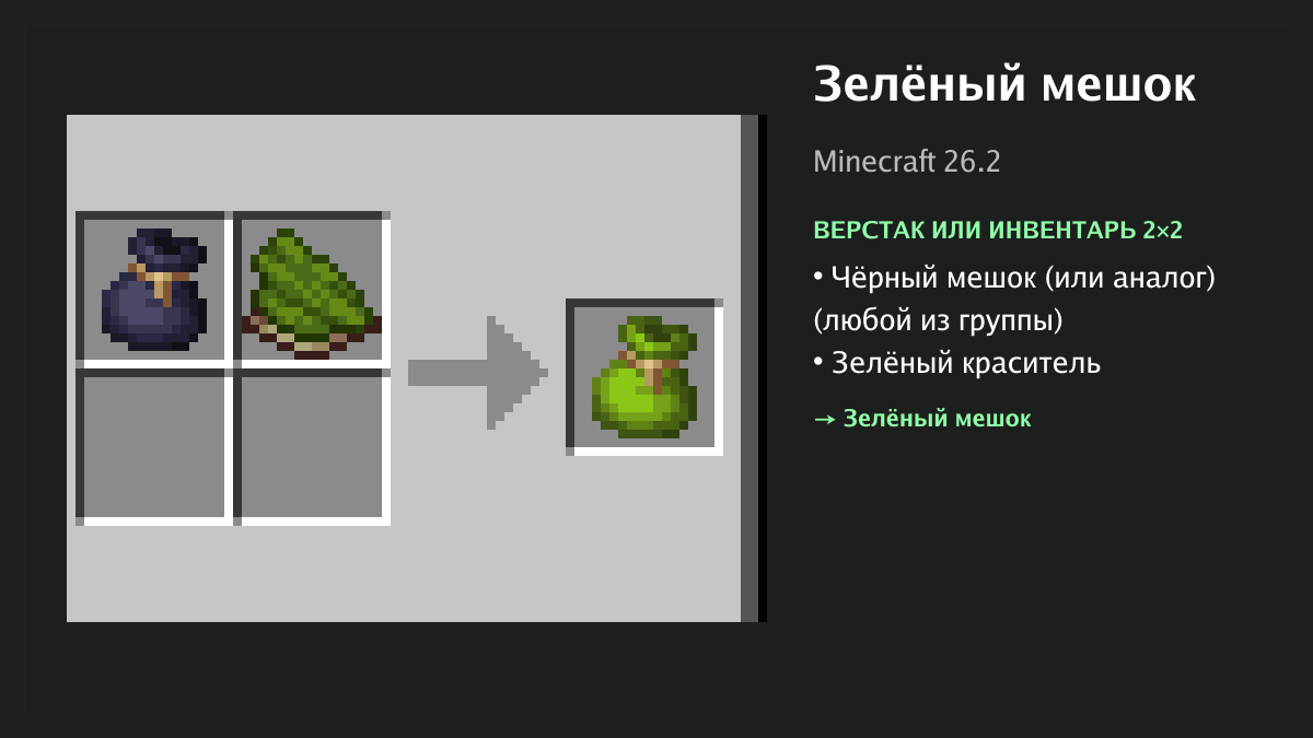 Рецепт: зелёный мешок в Minecraft — чёрный мешок (или аналог), зелёный краситель (верстак или инвентарь 2×2)