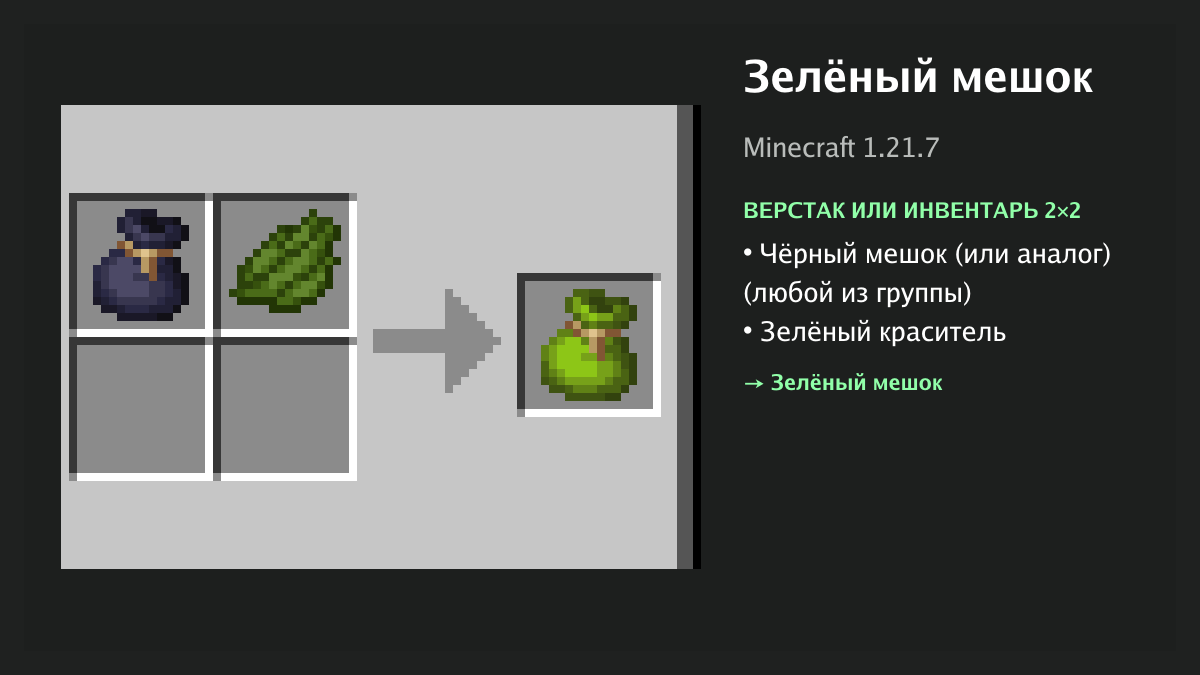 Рецепт: зелёный мешок в Minecraft — чёрный мешок (или аналог), зелёный краситель (верстак или инвентарь 2×2)