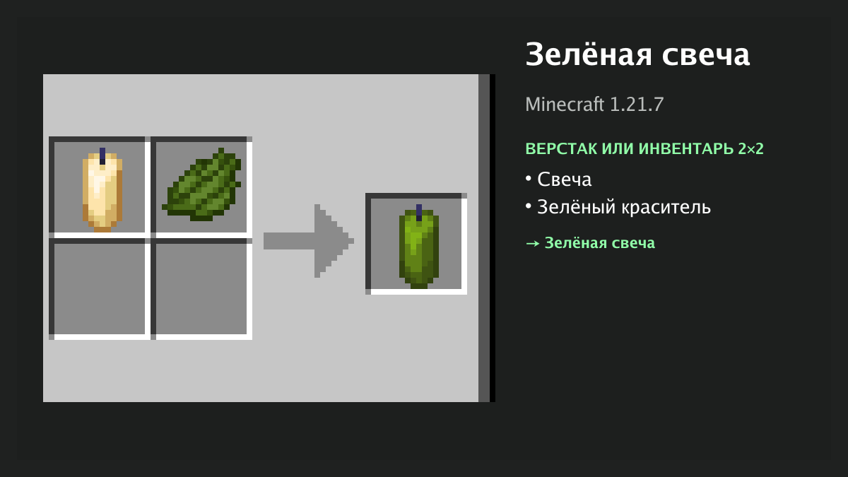Рецепт: зелёная свеча в Minecraft — свеча, зелёный краситель (верстак или инвентарь 2×2)