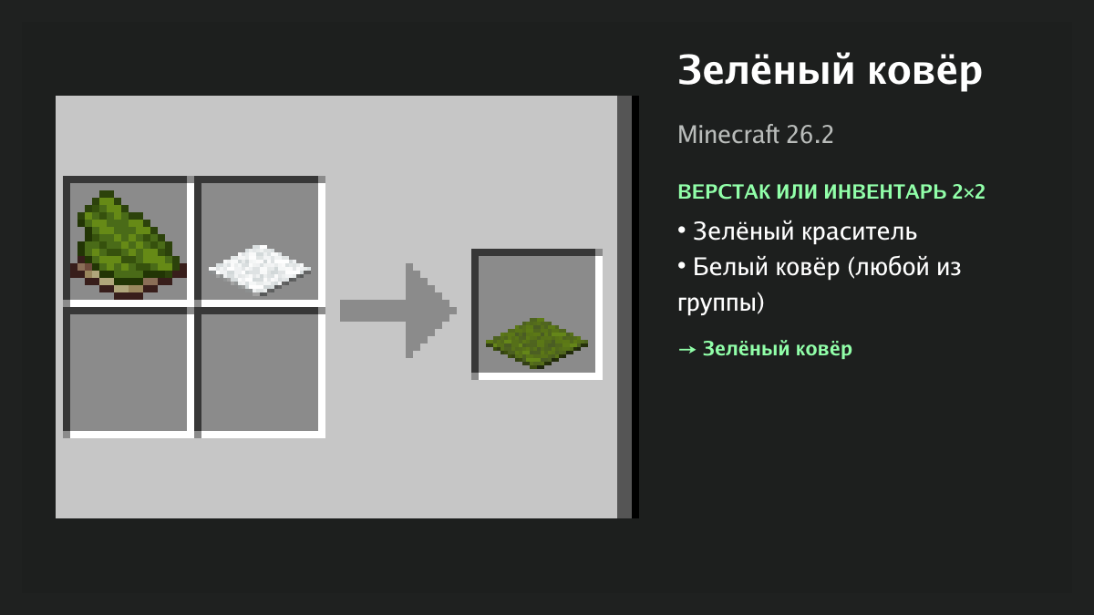 Рецепт: зелёный ковёр в Minecraft — зелёный краситель, белый ковёр (верстак или инвентарь 2×2)