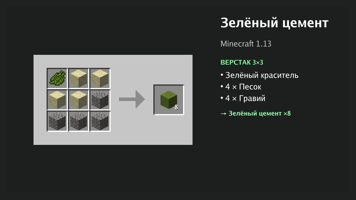 Рецепт: зелёный цемент в Minecraft — зелёный краситель, 4 × песок, 4 × гравий (верстак 3×3)