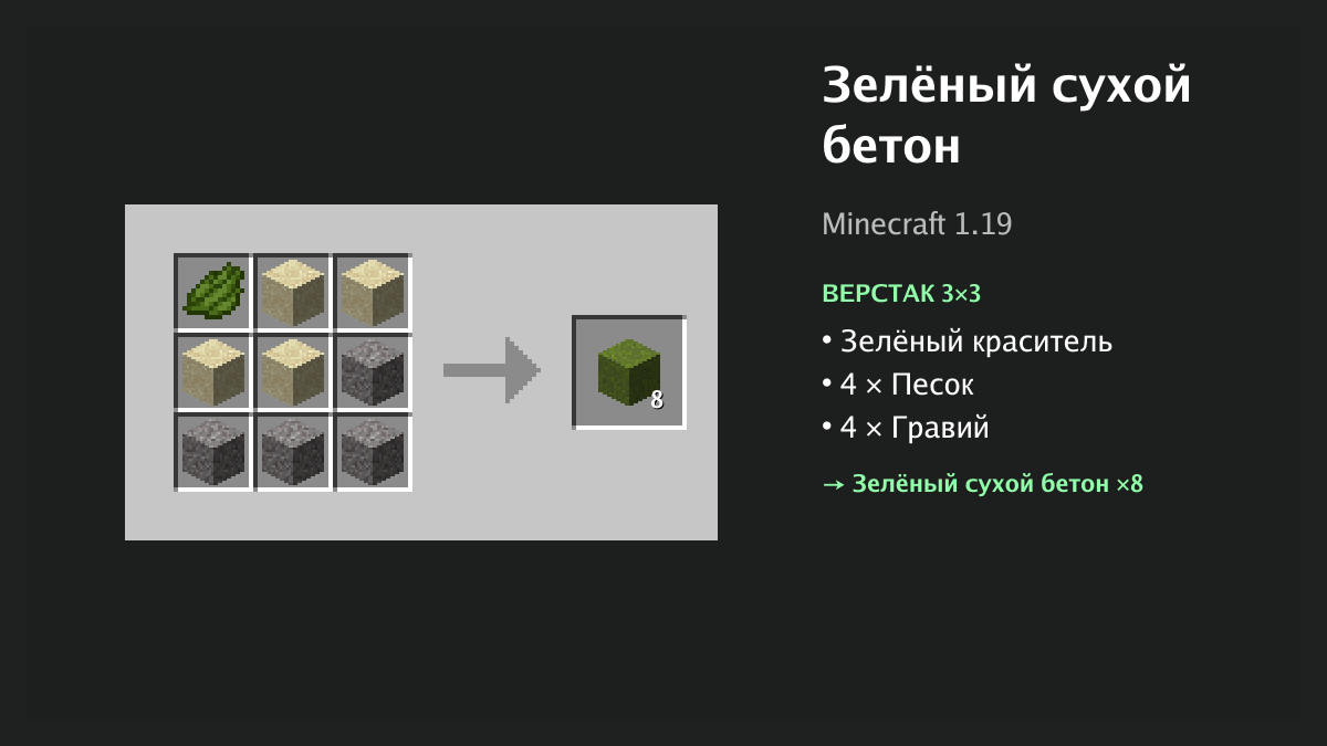 Рецепт: зелёный сухой бетон в Minecraft — зелёный краситель, 4 × песок, 4 × гравий (верстак 3×3)