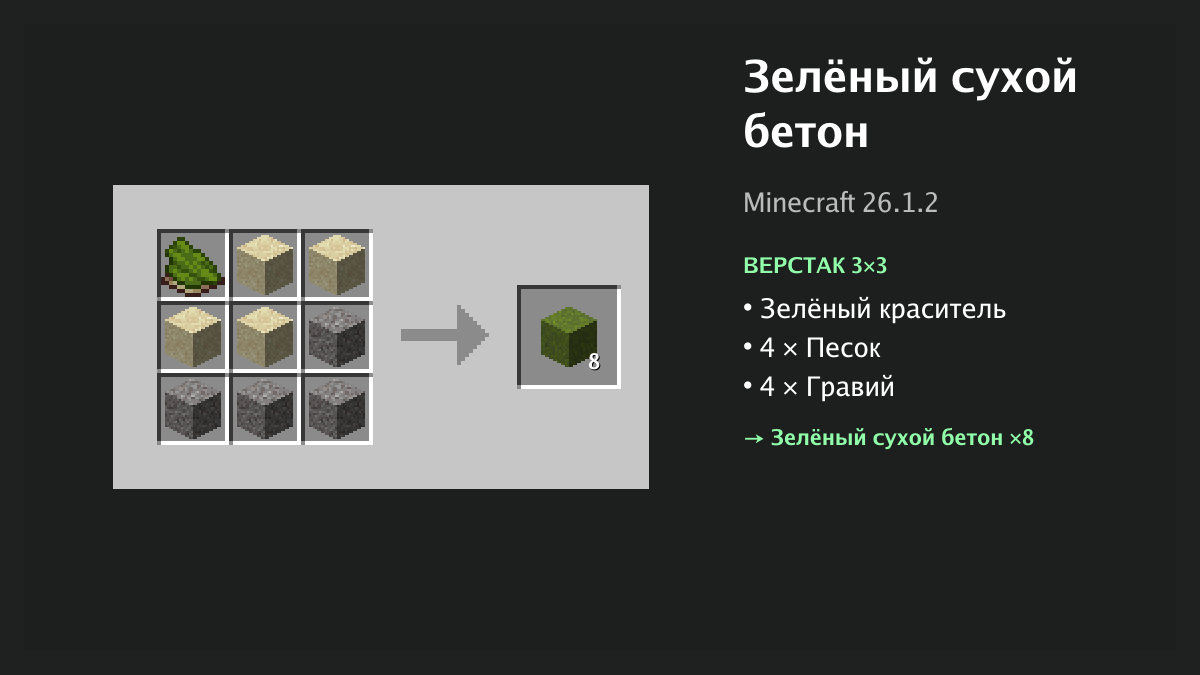 Рецепт: зелёный сухой бетон в Minecraft — зелёный краситель, 4 × песок, 4 × гравий (верстак 3×3)
