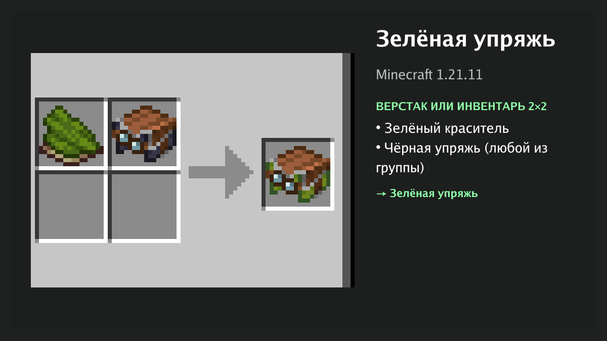 Рецепт: зелёная упряжь в Minecraft — зелёный краситель, чёрная упряжь (верстак или инвентарь 2×2)