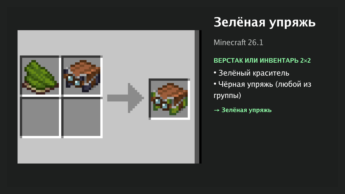 Рецепт: зелёная упряжь в Minecraft — зелёный краситель, чёрная упряжь (верстак или инвентарь 2×2)