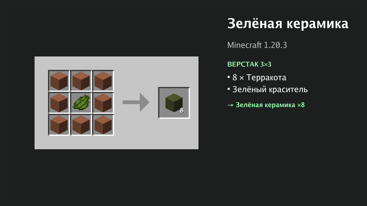 Рецепт: зелёная керамика в Minecraft — 8 × терракота, зелёный краситель (верстак 3×3)