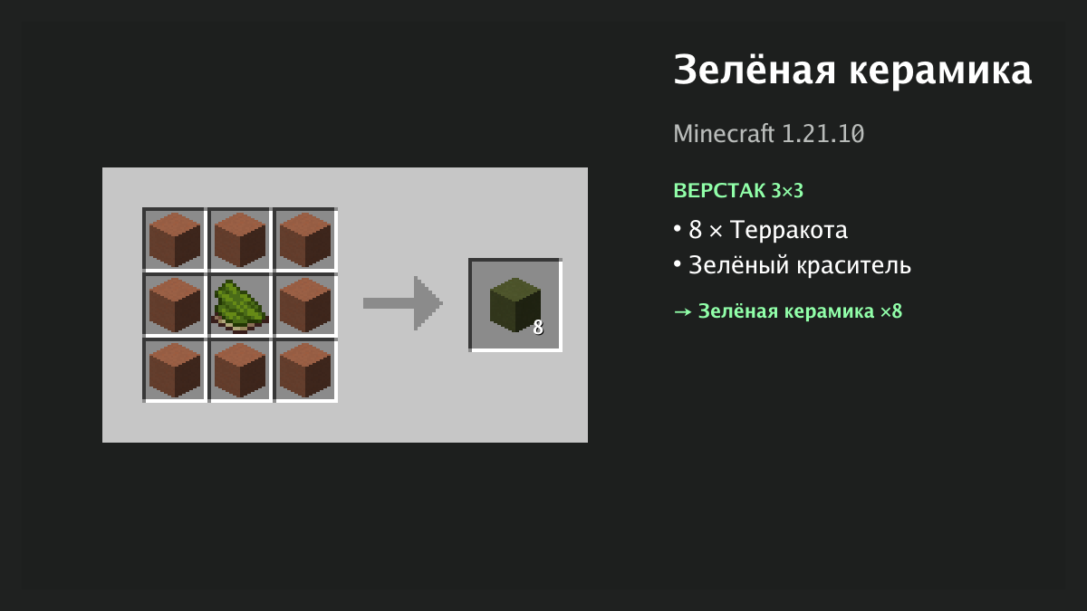 Рецепт: зелёная керамика в Minecraft — 8 × терракота, зелёный краситель (верстак 3×3)