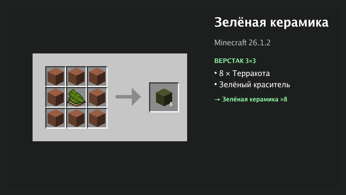 Рецепт: зелёная керамика в Minecraft — 8 × терракота, зелёный краситель (верстак 3×3)