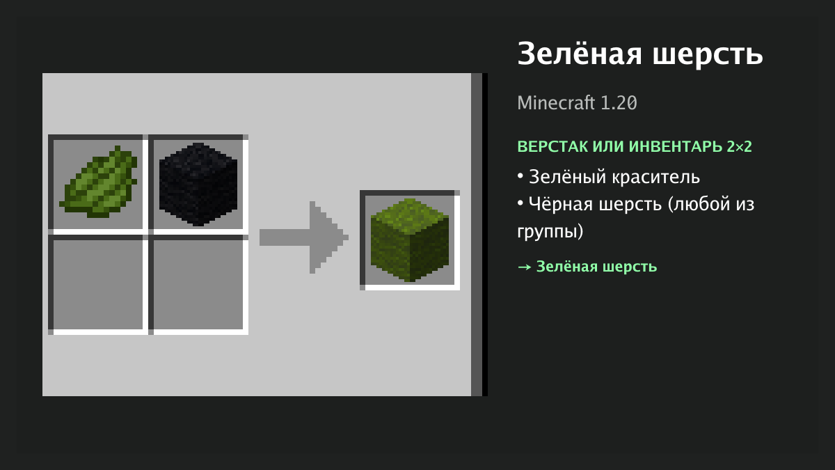 Рецепт: зелёная шерсть в Minecraft — зелёный краситель, чёрная шерсть (верстак или инвентарь 2×2)