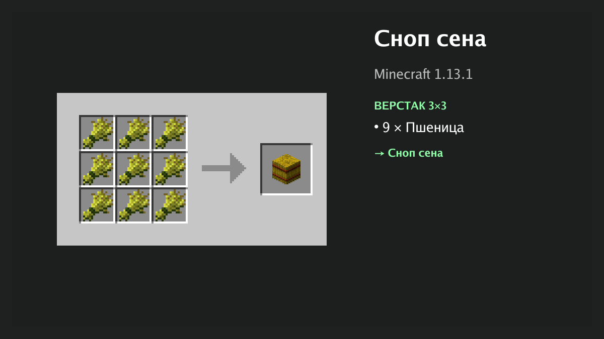 Рецепт: сноп сена в Minecraft — 9 × пшеница (верстак 3×3)